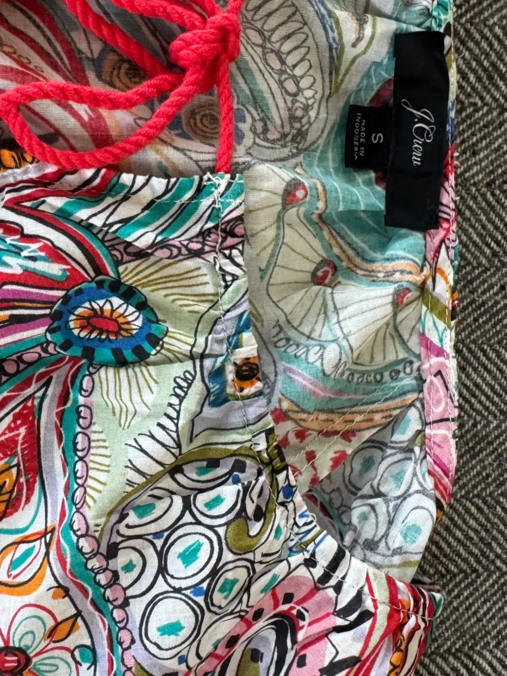 JCREW, COLORFUL AND DARLING BEACH COVERUP WITH RED TIE AT NECKLINE